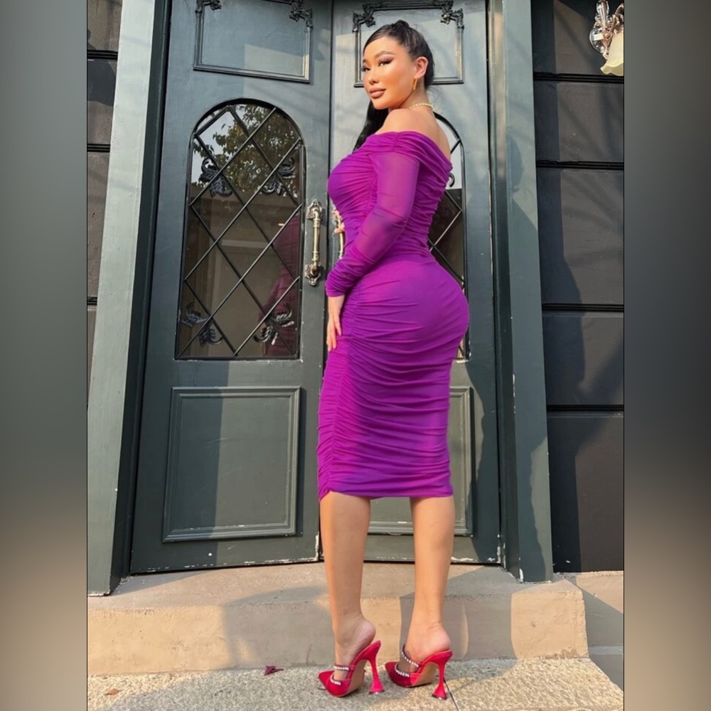 Off Shoulder Ruched Mesh Bodycon Formal Dress
